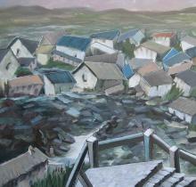Uitzicht op bergdorp en rivier kunstenaar John Alossery